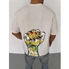Unisex Bisiklet Yaka Baskılı Oversize T-Shirt - Beyaz