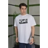 Unisex Bisiklet Yaka Baskılı Oversize T-Shirt - Beyaz