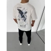 Unisex Bisiklet Yaka Baskılı Oversize T-Shirt - Beyaz