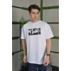 Unisex Bisiklet Yaka Baskılı Oversize T-Shirt - Beyaz