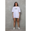 Unisex Bisiklet Yaka Baskılı Oversize T-Shirt - Beyaz