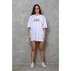 Unisex Bisiklet Yaka Baskılı Oversize T-Shirt - Beyaz