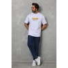 Unisex Bisiklet Yaka Baskılı Oversize T-Shirt - Beyaz