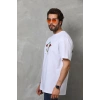 Unisex Bisiklet Yaka Baskılı Oversize T-Shirt - Beyaz