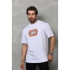 Unisex Bisiklet Yaka Baskılı Oversize T-Shirt - Beyaz