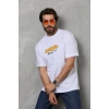 Unisex Bisiklet Yaka Baskılı Oversize T-Shirt - Beyaz