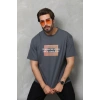 Unisex Bisiklet Yaka Baskılı Oversize T-Shirt - Füme