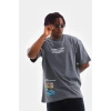 Unisex Bisiklet Yaka Baskılı Oversize T-Shirt - Gri