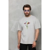 Unisex Bisiklet Yaka Baskılı Oversize T-Shirt - Gri