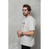 Unisex Bisiklet Yaka Baskılı Oversize T-Shirt - Gri