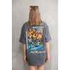 Unisex Bisiklet Yaka Baskılı Oversize T-Shirt - Gri