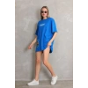 Unisex Bisiklet Yaka Baskılı Oversize T-Shirt - Mavi