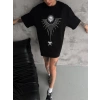 Unisex Bisiklet Yaka Baskılı Oversize T-Shirt - Siyah