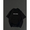 Unisex Bisiklet Yaka Baskılı Oversize T-Shirt - Siyah
