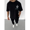 Unisex Bisiklet Yaka Baskılı Oversize T-Shirt - Siyah