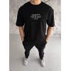 Unisex Bisiklet Yaka Baskılı Oversize T-Shirt - Siyah