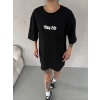 Unisex Bisiklet Yaka Baskılı Oversize T-Shirt - Siyah