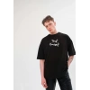 Unisex Bisiklet Yaka Baskılı Oversize T-Shirt - Siyah