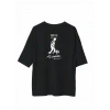 Unisex Bisiklet Yaka Baskılı Oversize T-Shirt - Siyah