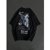 Unisex Bisiklet Yaka Baskılı Oversize T-Shirt - Siyah