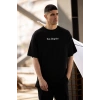 Unisex Bisiklet Yaka Baskılı Oversize T-Shirt - Siyah