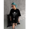 Unisex Bisiklet Yaka Baskılı Oversize T-Shirt - Siyah