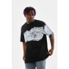Erkek  Bisiklet Yaka Baskılı Oversize T-Shirt - Siyah