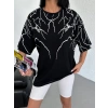 Unisex Bisiklet Yaka Baskılı Oversize T-Shirt - Siyah