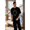Unisex Bisiklet Yaka Baskılı Oversize T-Shirt - Siyah
