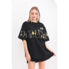 kadın  Bisiklet Yaka Baskılı Oversize T-Shirt - Siyah