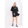 Unisex Bisiklet Yaka Baskılı Oversize T-Shirt - Siyah