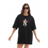 Unisex Bisiklet Yaka Baskılı Oversize T-Shirt - Siyah