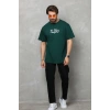 Unisex Bisiklet Yaka Baskılı Oversize T-Shirt - Yeşil