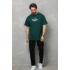 Unisex Bisiklet Yaka Baskılı Oversize T-Shirt - Yeşil