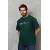 Unisex Bisiklet Yaka Baskılı Oversize T-Shirt - Yeşil