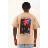 Unisex Oversize Baskılı Bisiklet Yaka T-Shirt - Bej