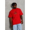 Unisex Oversize Baskılı Bisiklet Yaka T-Shirt - Kırmızı