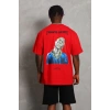 Unisex Oversize Baskılı Bisiklet Yaka T-Shirt - Kırmızı