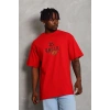 Unisex Oversize Baskılı Bisiklet Yaka T-Shirt - Kırmızı