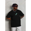 Unisex Oversize Baskılı Bisiklet Yaka T-Shirt - Siyah