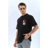 Unisex Oversize Baskılı Bisiklet Yaka T-Shirt - Siyah