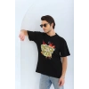 Unisex Oversize Baskılı Bisiklet Yaka T-Shirt - Siyah