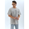 Unisex Oversize Taşlı Bisiklet Yaka T-Shirt - Gri