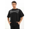 Unisex Oversize Taşlı T-Shirt - Siyah