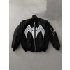 Unisex Siyah Bomber Mont – Venom Beyaz Örümcek Logolu, Fermuarlı Cepli, Kapitone Astarlı Günlük Mont - Siyah