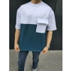 Unisex Torba Cep Detaylı Parçalı T-Shirt - Lacivert
