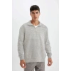 Unisex Uzun Kol Yarım Farmuarlı Yakalı Basic SweatShirt - Gri
