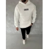 Uzun Kol Kapüşonlu Göğüs Baskılı SweatShirt - Beyaz