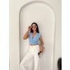 Vatkalı Kolsuz V Yaka Drapeli Crop Bluz Likralı Fit - Bebek Mavisi