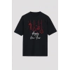 Yılbaşı Happy New Year Baskılı Kısa Kollu Oversize Bisiklet Yaka T-shirt - Siyah